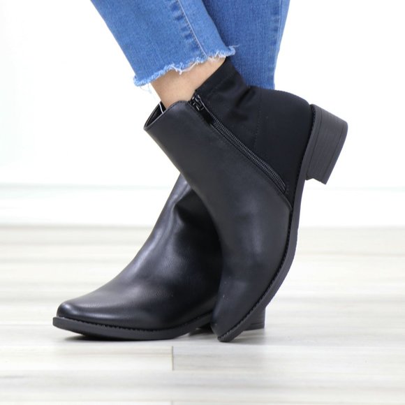 Black Dual Material Round Toe Low Heel Ankle Boots - Picture 8 of 12